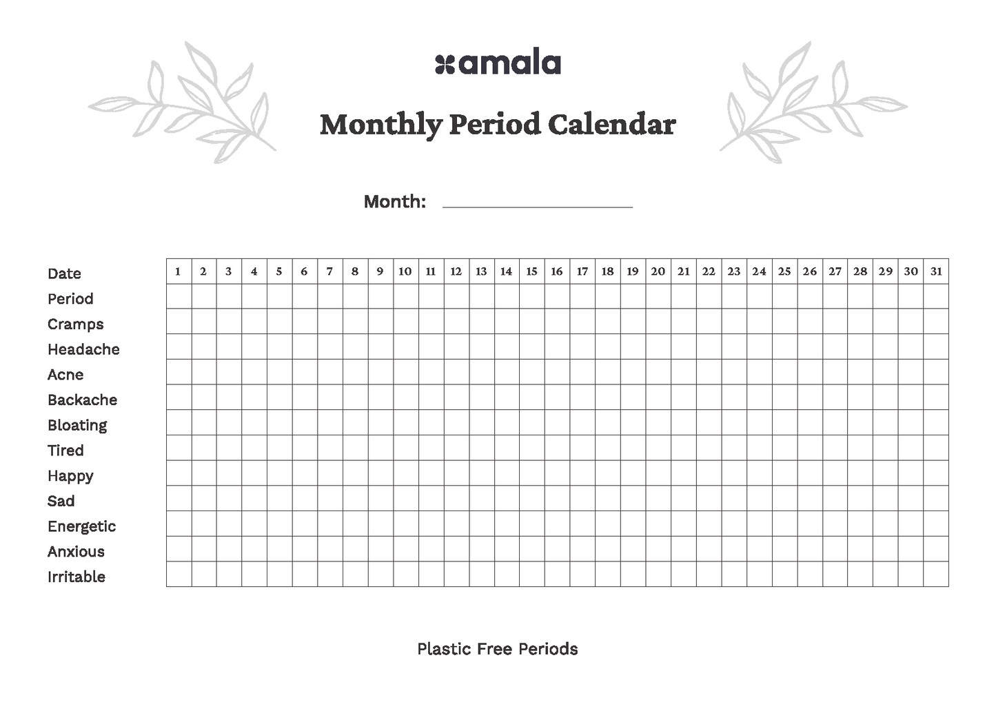 English Period Tracking Calendar
