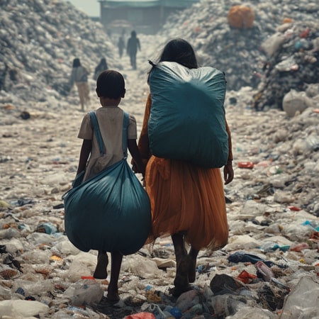 Two young Cambodian girls walking through a landpill